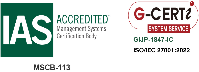IAS ACCREDITED Management Systems Certification Body MSCB-113、G-CERTとSYSTEM SERVICE GIJP-1847-IC SO/IEC 27001:2022
